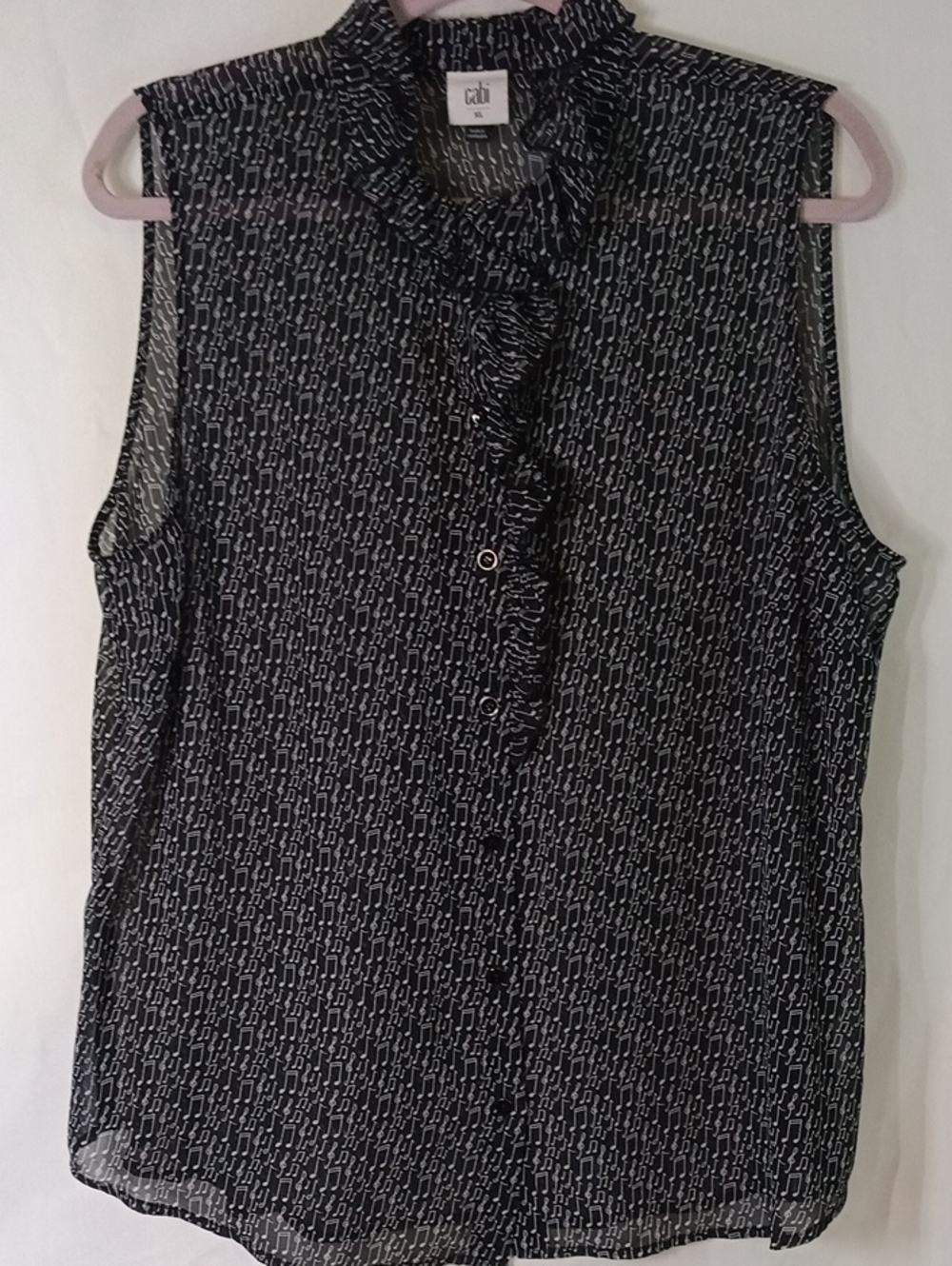 CAbi "Sing-along" Black and White Ruffle Sleeveless Blouse